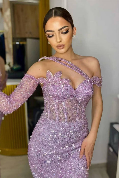 Gorgeous Lavender Sequins Mermaid Prom Dress with Long Sleeves