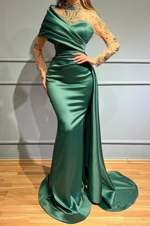 Gorgeous Long Sleeves High Neck Crystal Mermaid Prom Dress with Ruffles