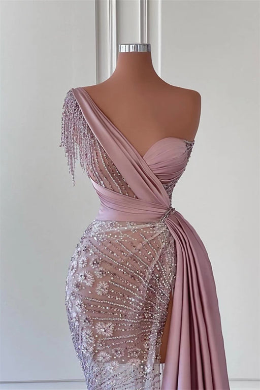 Gorgeous One Shoulder Mermaid Prom Dress with Split Beadings