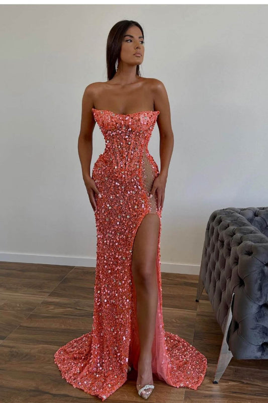 Gorgeous Orange Sequins Mermaid Sweetheart Prom Dress with Split, Sleeveless