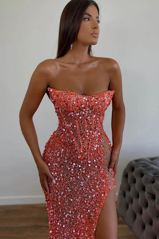 Gorgeous Orange Sequins Mermaid Sweetheart Prom Dress with Split, Sleeveless