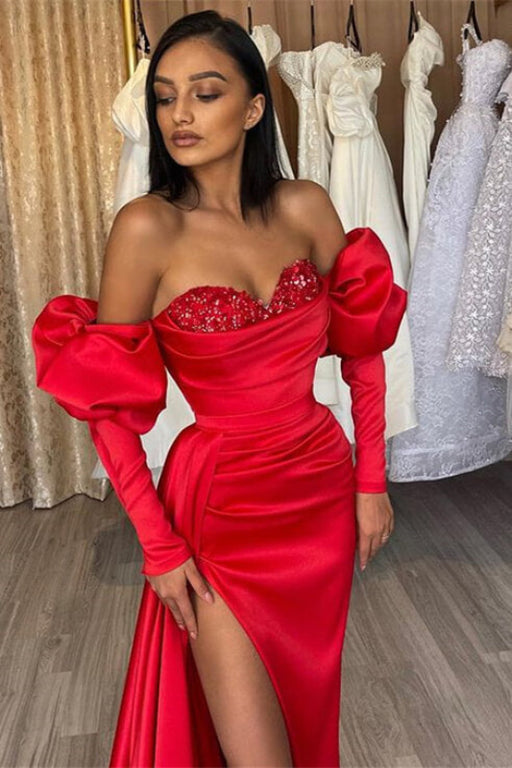 Gorgeous Red Off-the-Shoulder Half-Sleeve Sequined Evening Dress with Bubble Sleeves and Slit