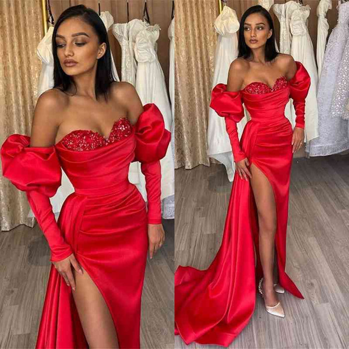 Gorgeous Red Off-the-Shoulder Half-Sleeve Sequined Evening Dress with Bubble Sleeves and Slit