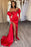 Gorgeous Red Off-the-Shoulder Half-Sleeve Sequined Evening Dress with Bubble Sleeves and Slit