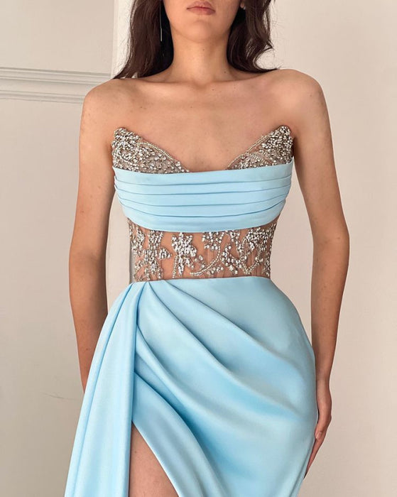 Gorgeous Sky Blue Strapless Mermaid Prom Dress with Beadings Split