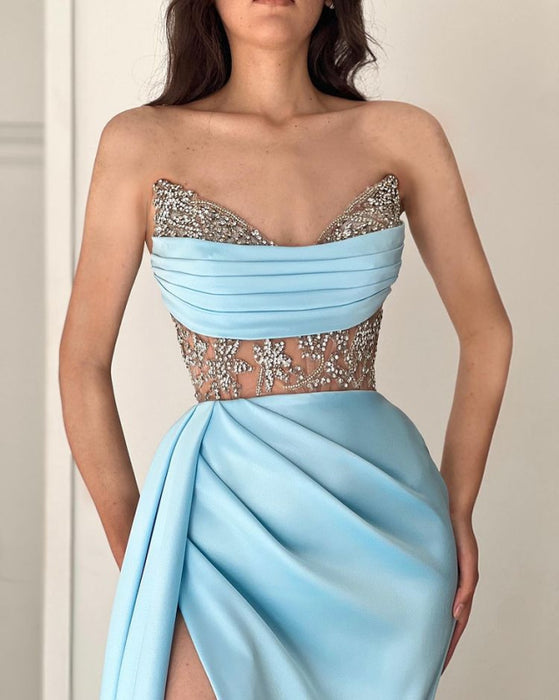 Gorgeous Sky Blue Strapless Mermaid Prom Dress with Beadings Split