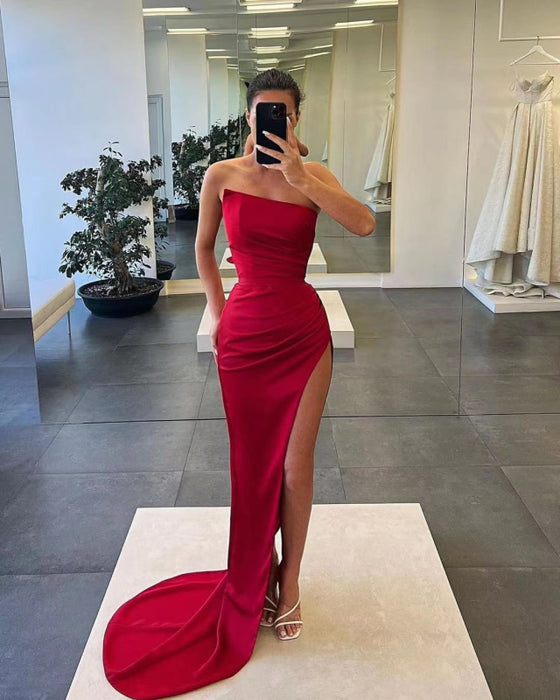 Gorgeous Sleeveless Satin Long Mermaid Prom Dress with Split