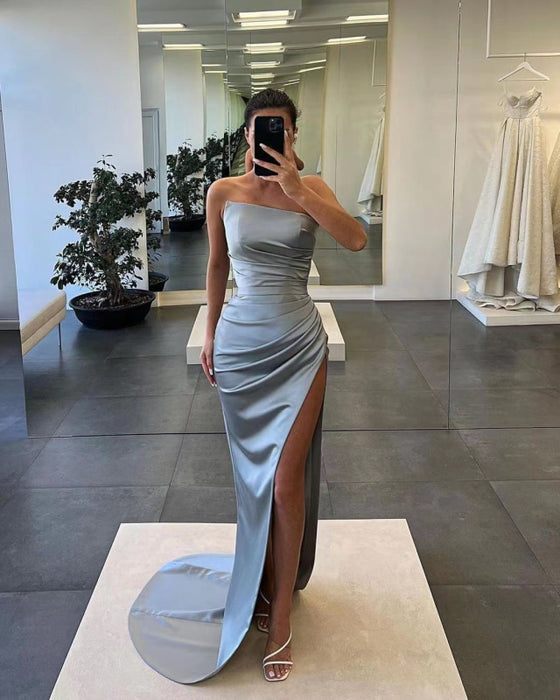 Gorgeous Sleeveless Satin Long Mermaid Prom Dress with Split