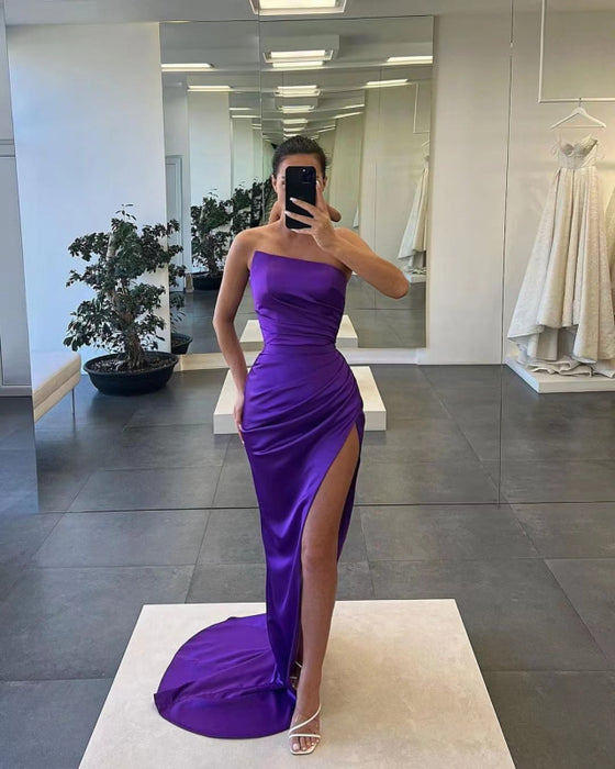 Gorgeous Sleeveless Satin Long Mermaid Prom Dress with Split