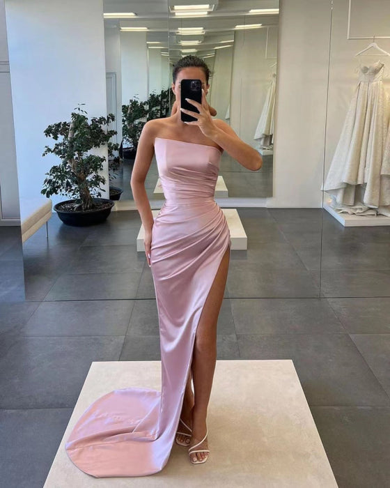 Gorgeous Sleeveless Satin Long Mermaid Prom Dress with Split