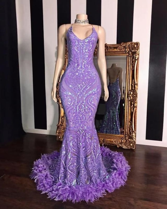 Gorgeous Sleeveless Sequin Lace Prom Dress Mermaid with Feather