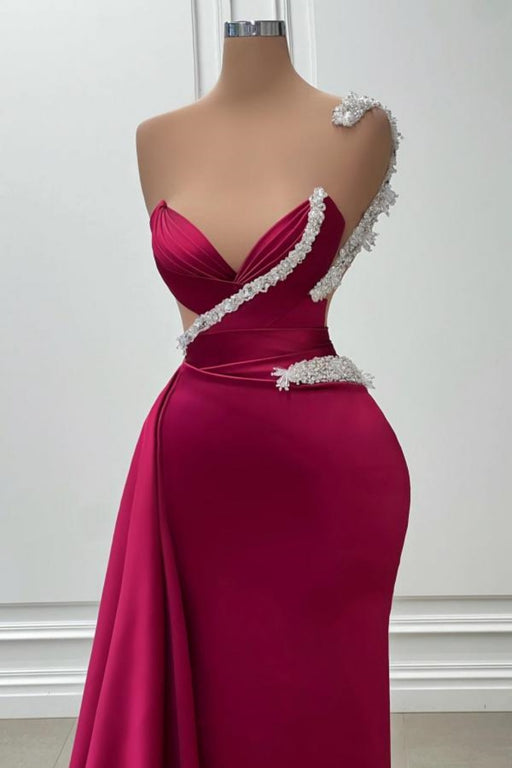 Gorgeous V-Neck Strapless Sleeveless Side Hollow Column Ruched Satin Evening Dress