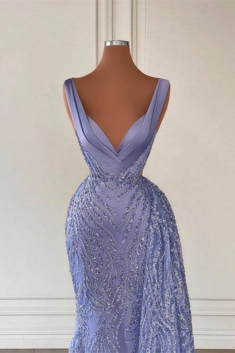 Gorgeous Violet V-Neck Mermaid Prom Dress with Beadings and Sequins