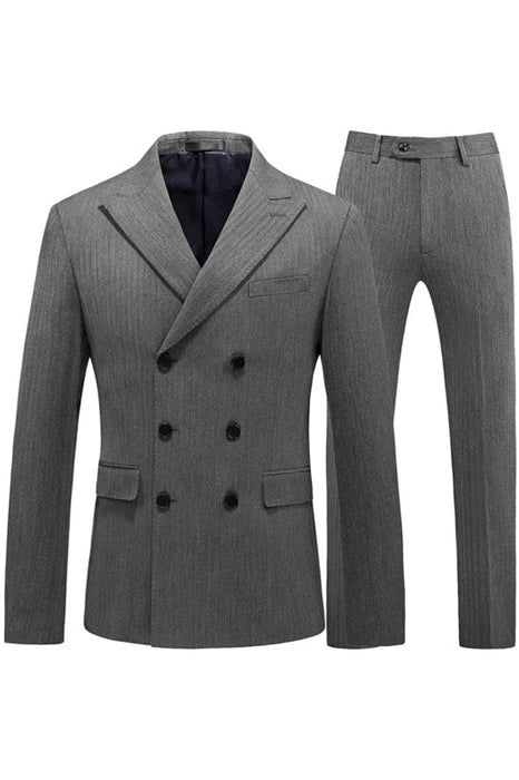 Iionei Bespoke Gray Double Breasted Peaked Lapel Striped Men Suits For Business