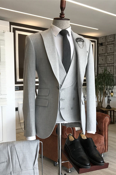 Emmanuel Light Gray Peaked Lapel Three Pieces Bespoke Business Suits