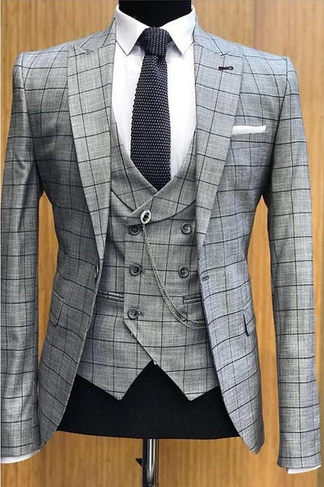 Ralap Classic Gray Peaked Lapel Three Pieces Plaid Business Suits