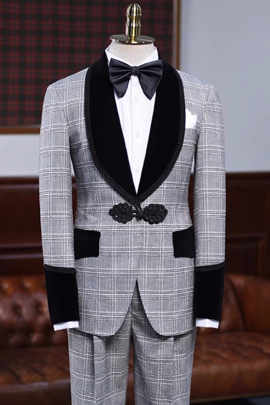 Burgess Newest Gray Plaid Shawl Lapel Wedding Suits For Men