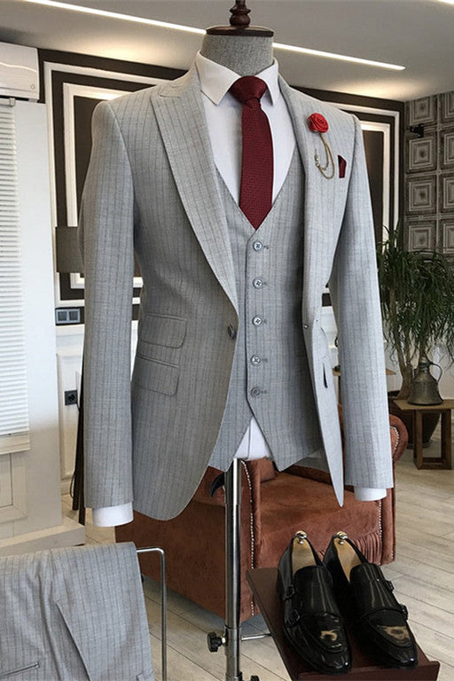 Brayden Gray Striped Peaked Lapel Three Pieces Close Fitting Men Suits For Business