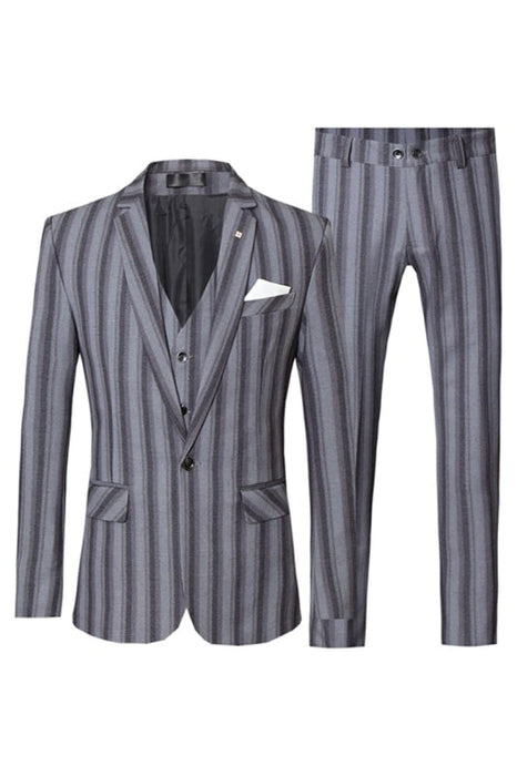 Keith Bespoke Gray Striped Notched Lapel Three Pieces Business Suits