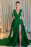 Green Deep V-Neck Sleeveless Strappy Prom Dress with Pleats and Split