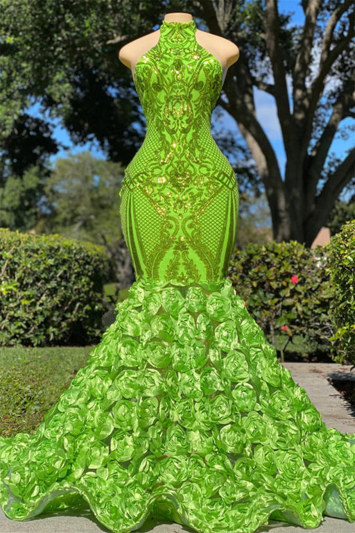 Green Halter Mermaid Prom Dress with Open Back and Floral Details