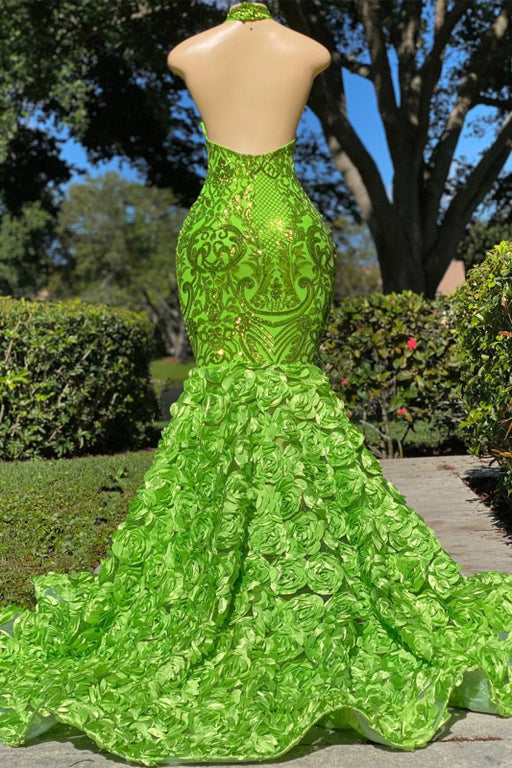 Green Halter Mermaid Prom Dress with Open Back and Floral Details