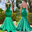 Green Halter Open Back Mermaid Prom Dress with Appliques