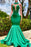 Green Halter Open Back Mermaid Prom Dress with Appliques