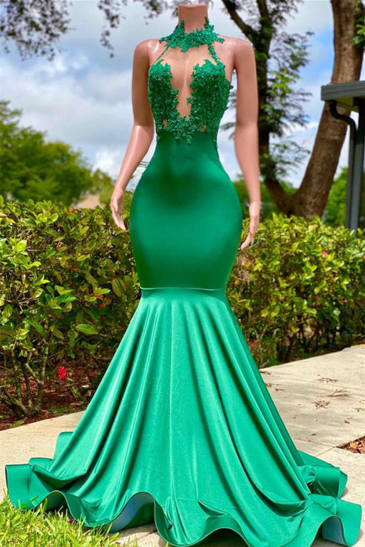 Green Halter Open Back Mermaid Prom Dress with Appliques