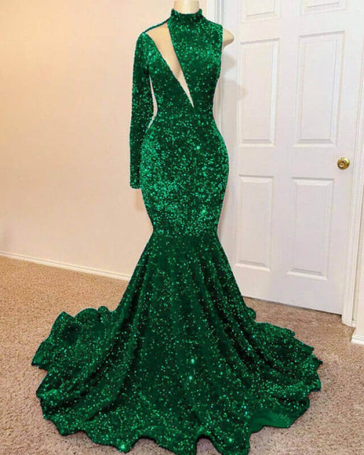 Green High Neck Long Sleeve Sequined Mermaid Long Prom Dress