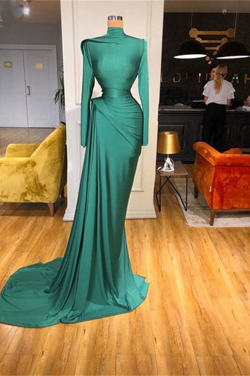 Green High Neck Long Sleeves Mermaid Prom Dress with Ruffle