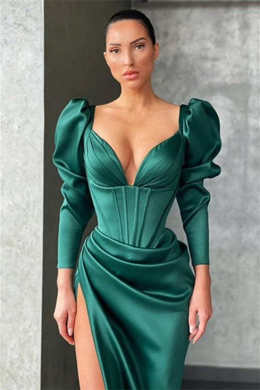 Green Long Sleeves Prom Dress - Dark Color Mermaid Style