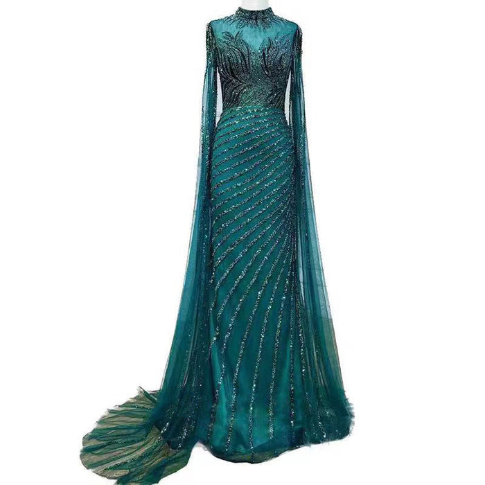 Green Luxury Long Sleeve Sequined Beaded Prom Dress 2024