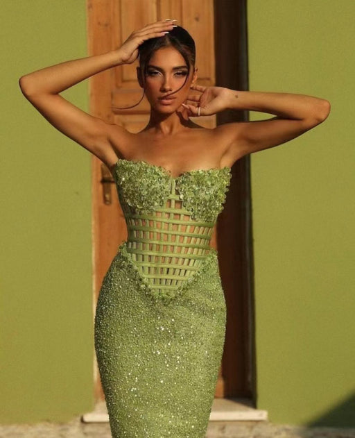 Green Off-the-Shoulder Long Mermaid Prom Dress with Beadings