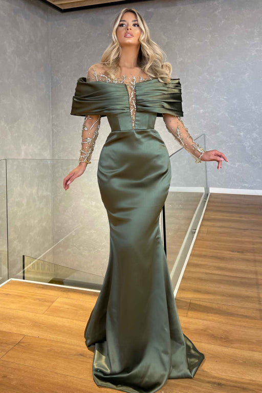 Green Off-the-Shoulder Long Sleeves Prom Dress with Beadings