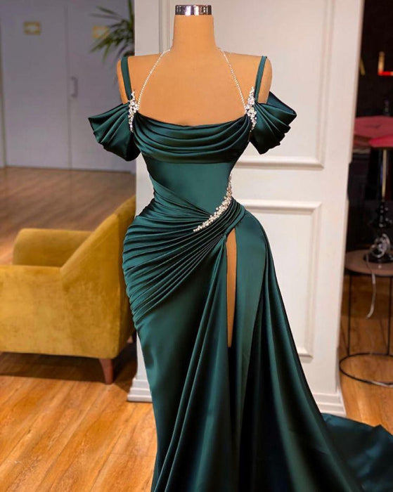 Green Off-the-Shoulder Prom Dress with Long Slit and Pleated Detail