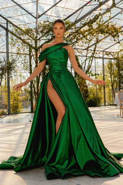 Green One Shoulder Satin Prom Dress with High Split