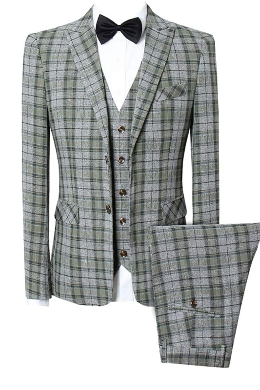 Joshua Green Plaid Peaked Lapel Three Pieces Bespoke Business Suits