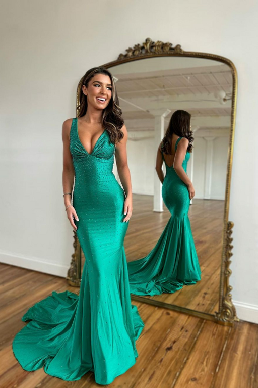 Green Prom Dress Wide Shoulder V Neck Long Mermaid with Beads