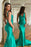 Green Prom Dress with Wide Shoulder V Neck Long Mermaid Style and Bead Embellishments