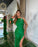 Green Satin One-Shoulder Prom Dress with Slit, Rhinestones, and Appliques