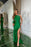 Green Satin One-Shoulder Prom Dress with Slit, Rhinestones, and Appliques