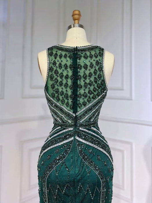 Green Sequin Prom Dress, Beaded V-Neck Long with Feather