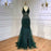 Green Sequin Prom Dress, Beaded V-Neck Long with Feather