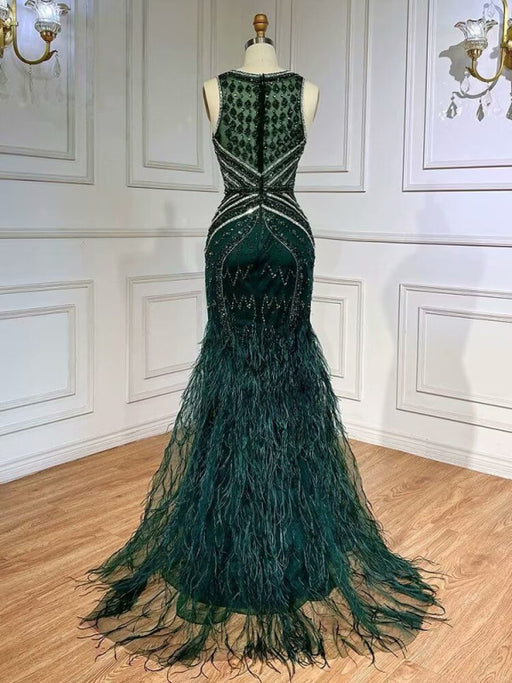 Green Sequin Prom Dress, Beaded V-Neck Long with Feather