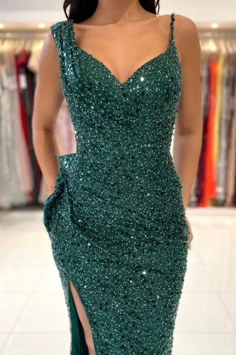 Green Spaghetti-Strap Sequined Prom Dress with Pleats and Split