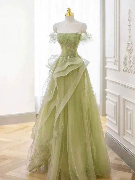 Green Strapless Prom Dress Off-the-Shoulder A-Line Lace Printed Dress