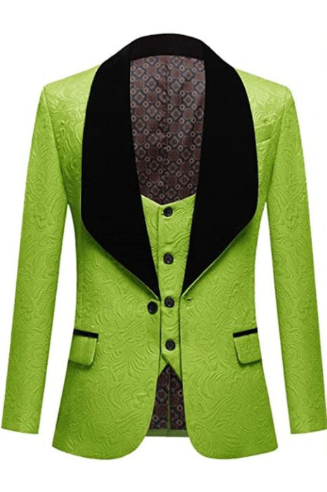 Lou Stylish Green Three Pieces Jacquard Wedding Suits With Black Velvet Shawl Lapel