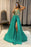 Green V-Neck Appliqued A-Line Long Prom Dress with Slit