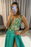 Green V-Neck Appliqued A-Line Long Prom Dress with Slit